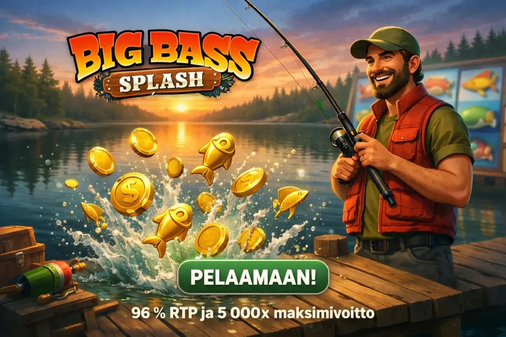 Big Bass Splash -kolikkopelin mainoskuva, jossa kalastaja seisoo laiturilla auringonlaskussa, kultakolikot ja kalasymbolit roiskuvat vedestä, sekä teksti “Big Bass Splash”, “Pelaamaan!” ja “96 % RTP ja 5 000x maksimivoitto”.