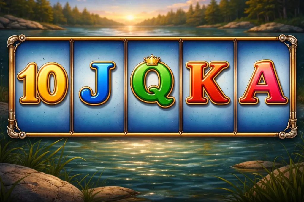 Big Bass Splash -kolikkopelin matalammat symbolit (10, J, Q, K, A) esitettynä vaakasuuntaisella pelirullalla järvimaiseman taustalla.