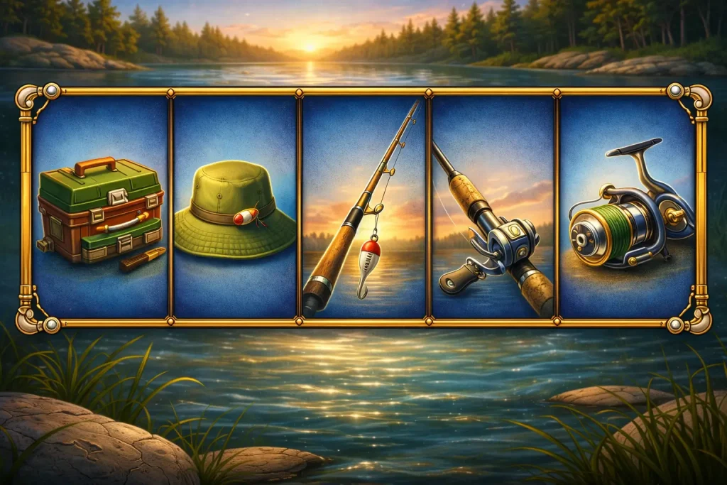 Big Bass Splash -kolikkopelin korkeamman arvon symbolit, kuten viehelaatikko, kalastajahattu, onkivapa ja kela, esitettynä vaakasuuntaisella pelirullalla järvimaiseman taustalla.