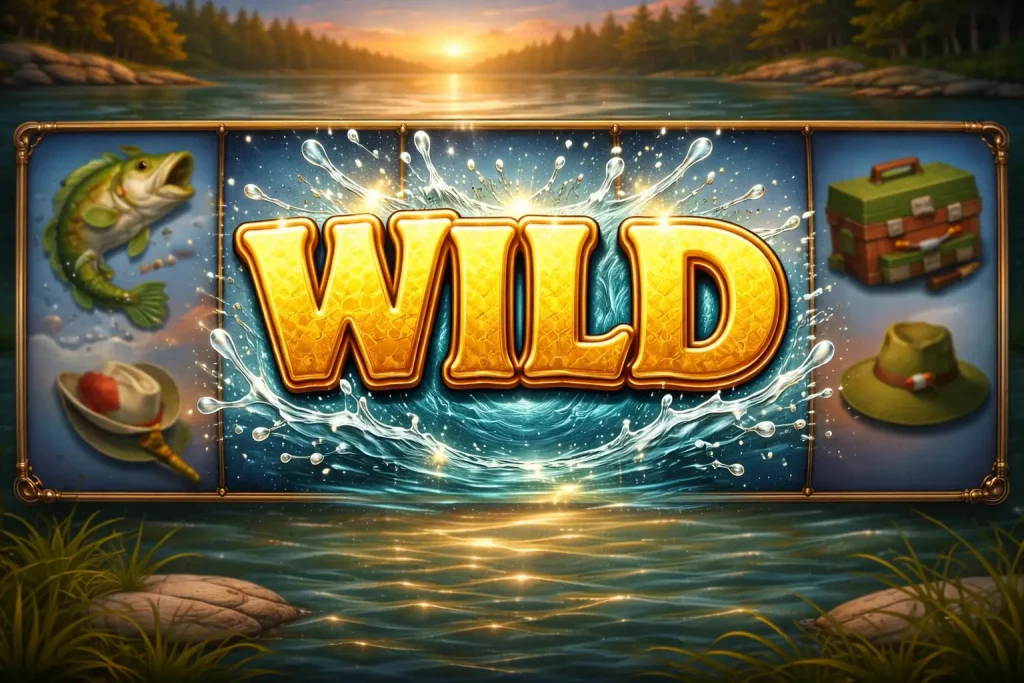 Big Bass Splash -kolikkopelin Wild-symboli, jossa kultainen WILD-teksti roiskuvan veden keskellä pelirullalla järvimaiseman taustalla.