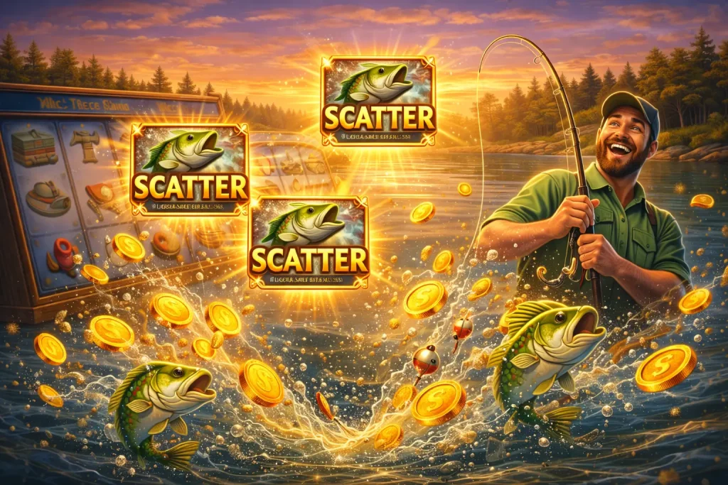 Big Bass Splash -bonuksia esittävä kuva, jossa kolme SCATTER-symbolia hehkuu pelirullilla, kalastaja juhlii voittoa ja kultakolikot roiskuvat järvimaiseman taustalla.