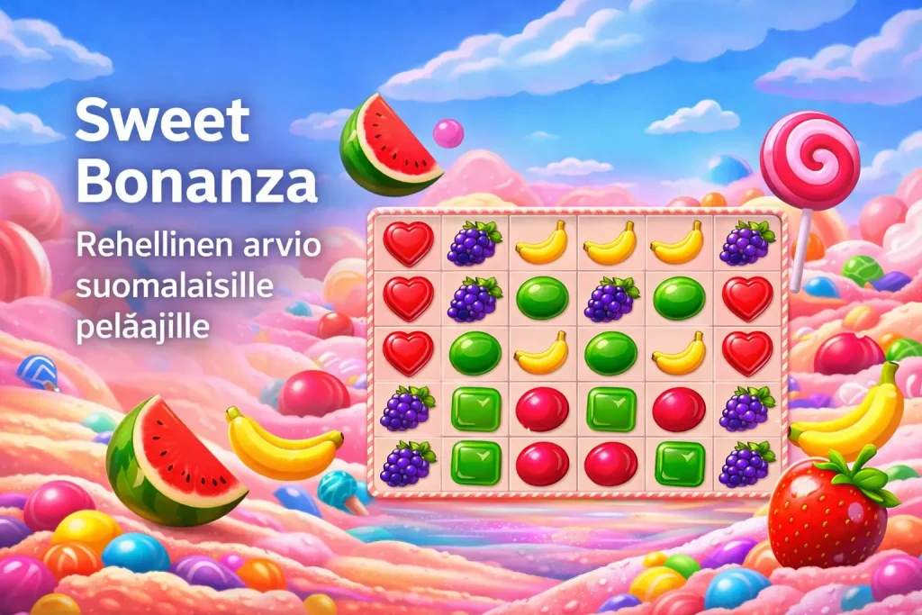 Sweet Bonanza kolikkopelin vaakasuuntainen bannerikuva, jossa 6x5-ruudukko, hedelmiä ja karkkiteema sekä teksti “Rehellinen arvio suomalaisille pelaajille”.