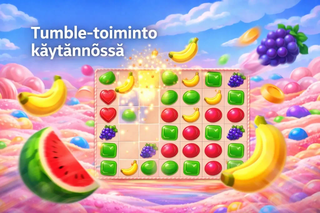 Sweet Bonanza -tyylinen 6x5-kolikkopeliruutu, jossa kaskaditoiminto käynnissä ja hedelmäsymbolit putoavat ruudulle, otsikolla “Tumble-toiminto käytännössä”.