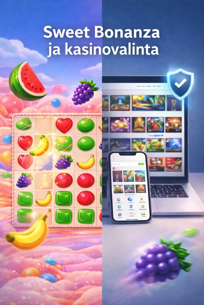 Sweet Bonanza ja kasinovalinta -aiheinen pystybanneri, jossa karkkiteemainen 6x5-kolikkopeliruutu ja toisella puolella turvallista nettikasinoa kuvaava laite suojakilpi-ikonilla.