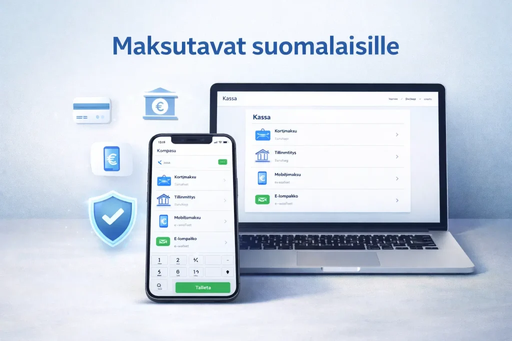 Maksutavat suomalaisille -bannerikuva, jossa älypuhelin ja kannettava tietokone näyttävät nettikasinon kassasivua sekä turvallisia maksutapoja sinivalkoisessa teemassa.