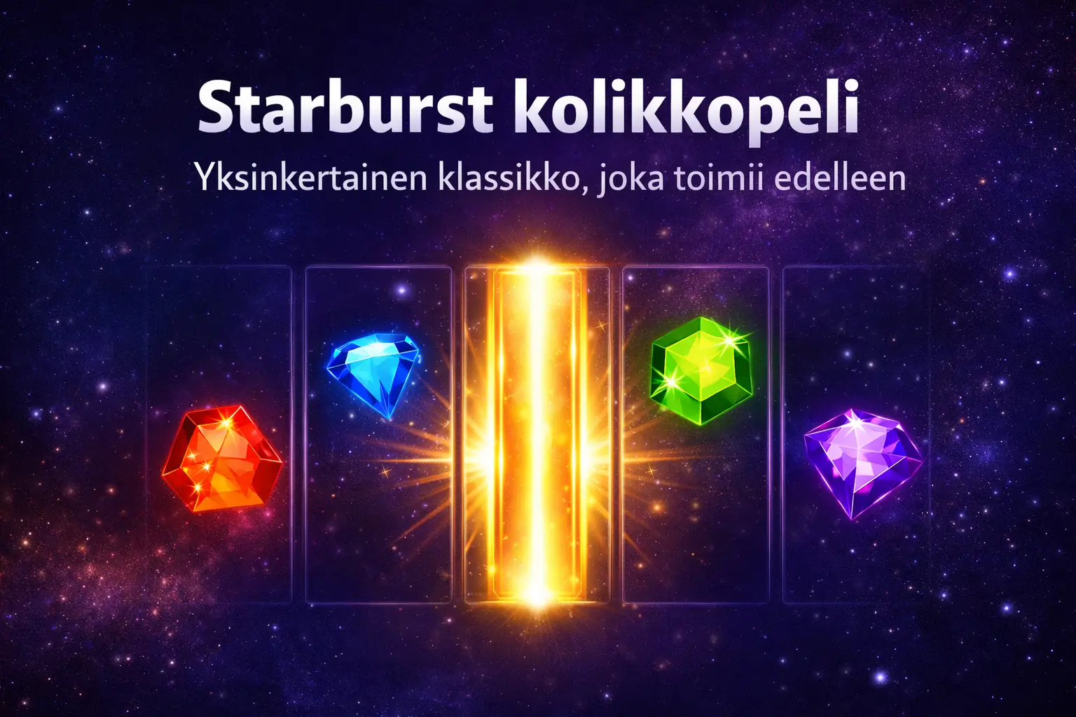 Starburst kolikkopeli vaakasuuntainen bannerikuva, jossa viisi pelikelaruutua, keskellä hehkuva laajeneva wild-symboli ja teksti “Yksinkertainen klassikko, joka toimii edelleen” avaruustaustalla.