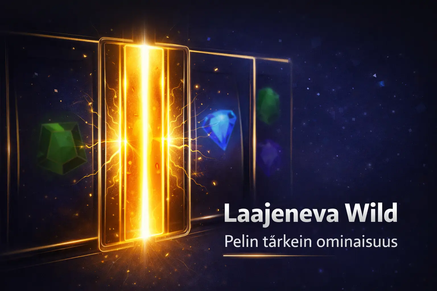 Laajeneva Wild -bannerikuva, jossa keskimmäinen pelirulla hehkuu kultaisena laajenevana wild-symbolina tummansinisellä taustalla ja teksti “Pelin tärkein ominaisuus”.