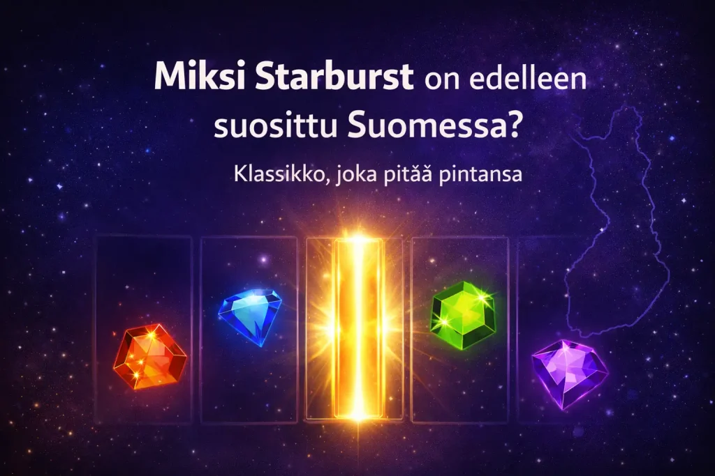 Bannerikuva, jossa teksti “Miksi Starburst on edelleen suosittu Suomessa?” näkyy tummansinisellä taustalla, keskellä hehkuva wild-symboli ja taustalla Suomen kartan ääriviiva sekä värikkäitä jalokiviä.
