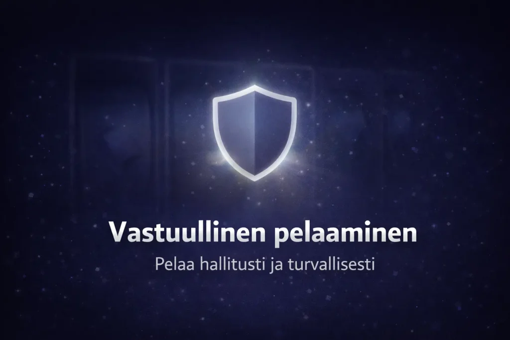Vastuullinen pelaaminen -bannerikuva, jossa keskellä vaalea suojakilpi tummansinisellä taustalla ja teksti “Pelaa hallitusti ja turvallisesti”, taustalla himmeästi pelikelan siluetti.